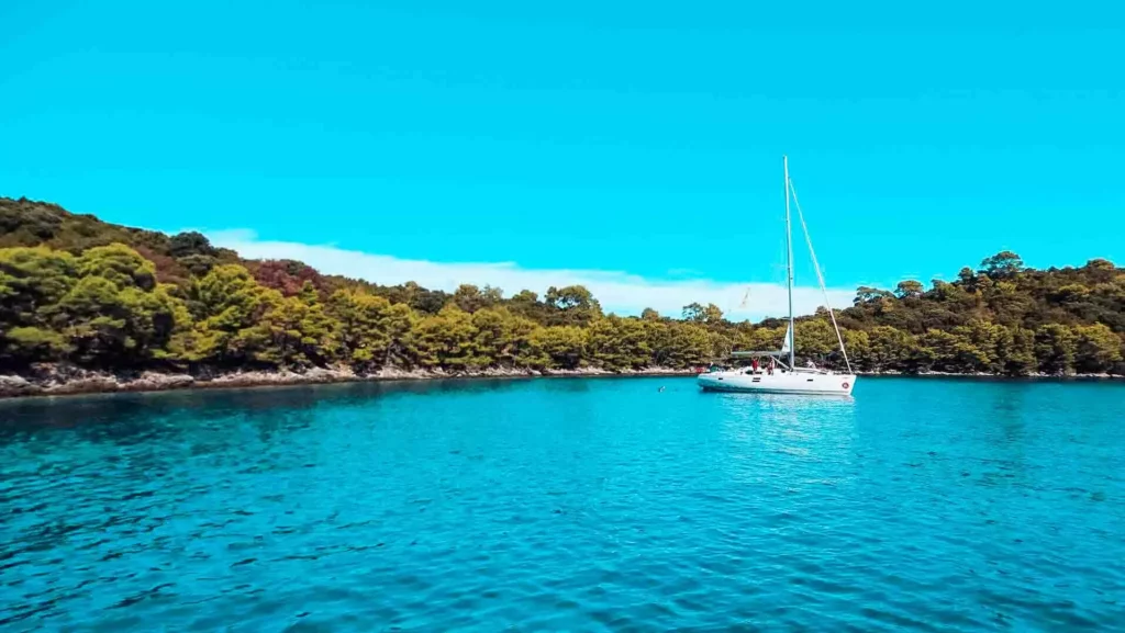 Eine ruhige Szene mit einer einzelnen weißen Segelyacht, die unter einem klaren Himmel im leuchtend blauen Wasser in der Nähe einer üppig grünen Waldküste vor Anker liegt.