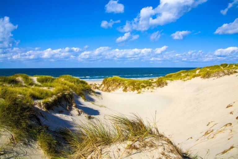 Sandige Stranddünen, bedeckt mit grünem Gras unter einem klaren blauen Himmel, in der Ferne mündet das ruhige blaue Meer, perfekt für einen Segelurlaub.