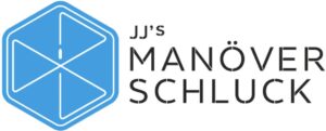 Logo von „jj’s manöver schluck“ mit einem stilisierten blauen Sechseck mit einem weißen Buchstaben „x“ darin, neben dem Firmennamen in fetten grauen Buchstaben für Seg