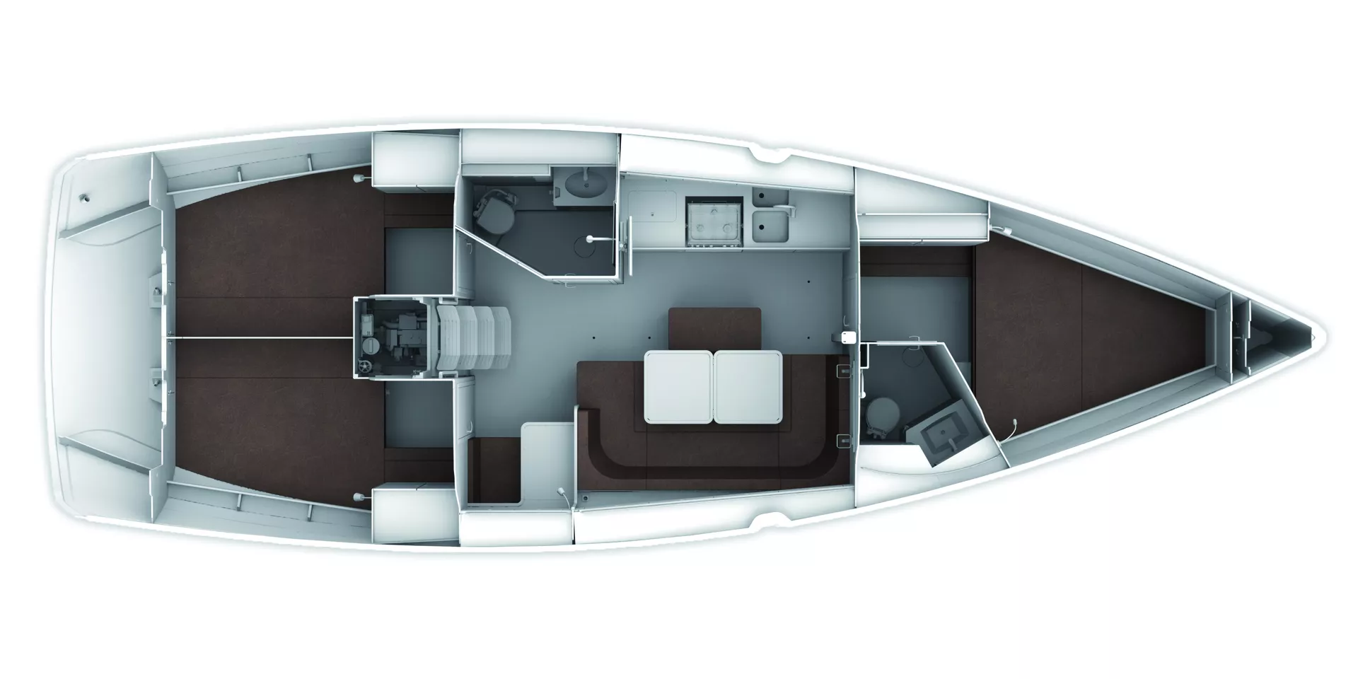 Draufsicht auf eine moderne Segelyacht mit offenem Grundriss, verschiedenen Sitzbereichen, einem Steuerstand und einem Heckmotor. Der Innenraum ist zweifarbig in Weiß und Braun gehalten.