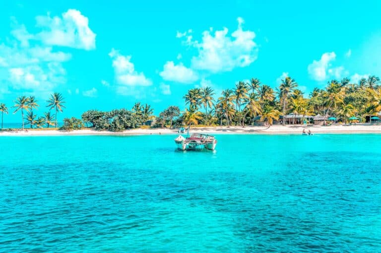 Eine tropische Strandszene mit leuchtend türkisfarbenem Wasser, einem kleinen Segelboot und einer Küste voller üppiger Palmen unter einem klaren blauen Himmel.