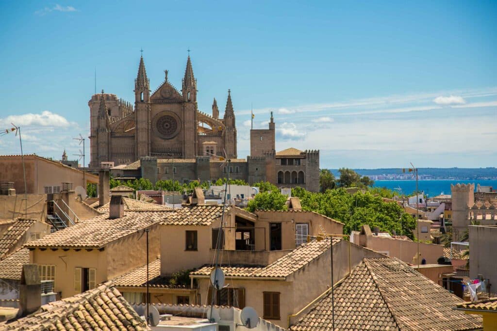 Ein malerischer Blick auf eine historische Kathedrale mit kunstvollen Fassaden, die während eines Segelurlaubs unter einem klaren blauen Himmel die Skyline hinter einer Ansammlung von Häusern mit Terrakotta-Dächern dominiert. Mallorca