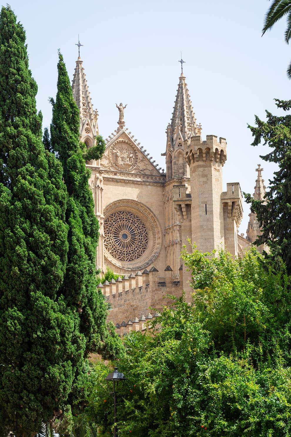 Ein Blick auf eine majestätische Kathedrale mit detaillierter gotischer Architektur, spitzen Türmen und einem großen Rosettenfenster, teilweise verdeckt von üppigen grünen Bäumen unter einem klaren Himmel während eines Segelurlaubs.