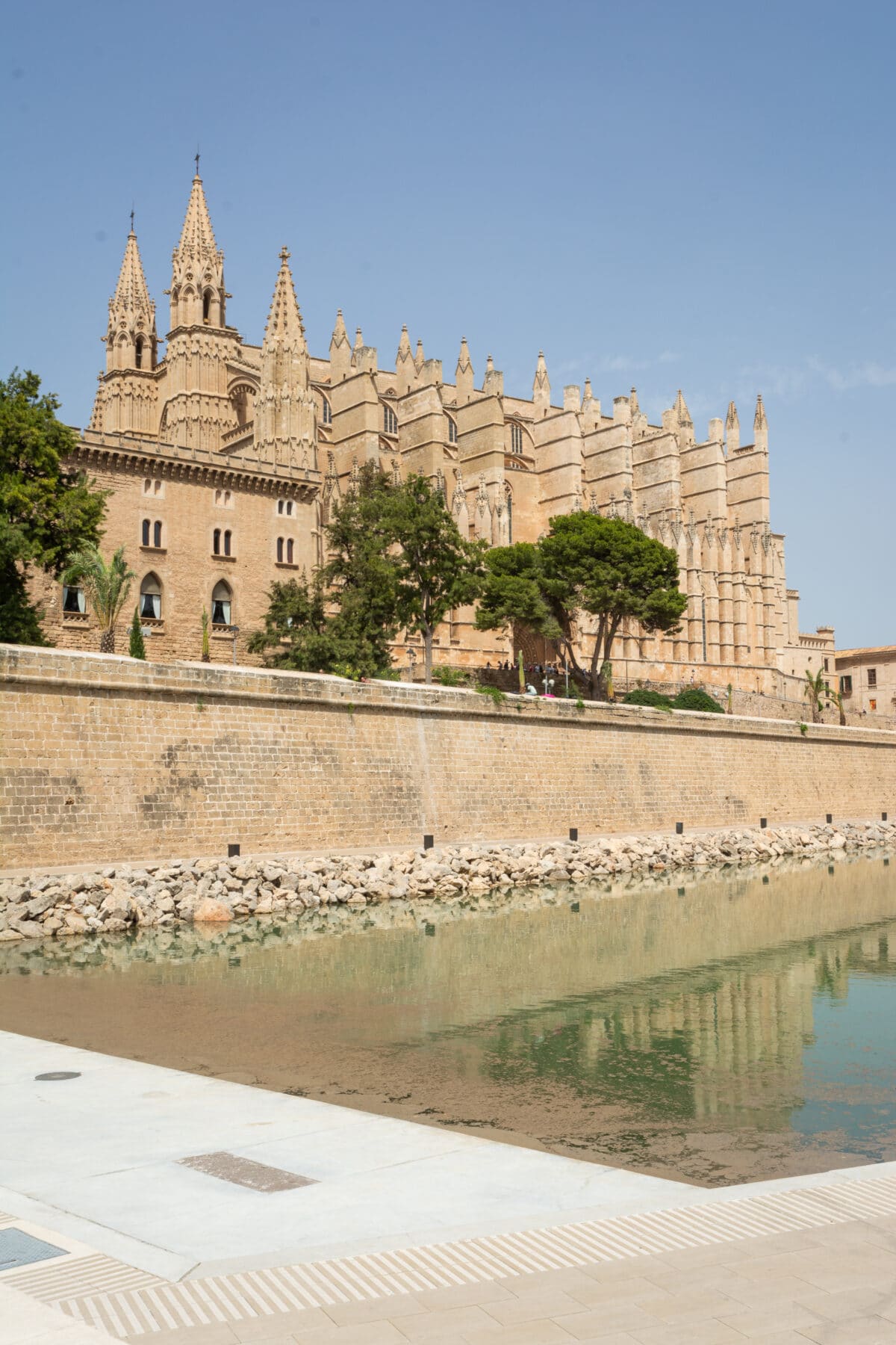 Majestätische Steinkathedrale mit verzierten Türmen, die sich in einem ruhigen Fluss unter einem klaren blauen Himmel spiegeln. Grüne Bäume und eine Steinmauer säumen das Flussufer während eines Segeltörns.