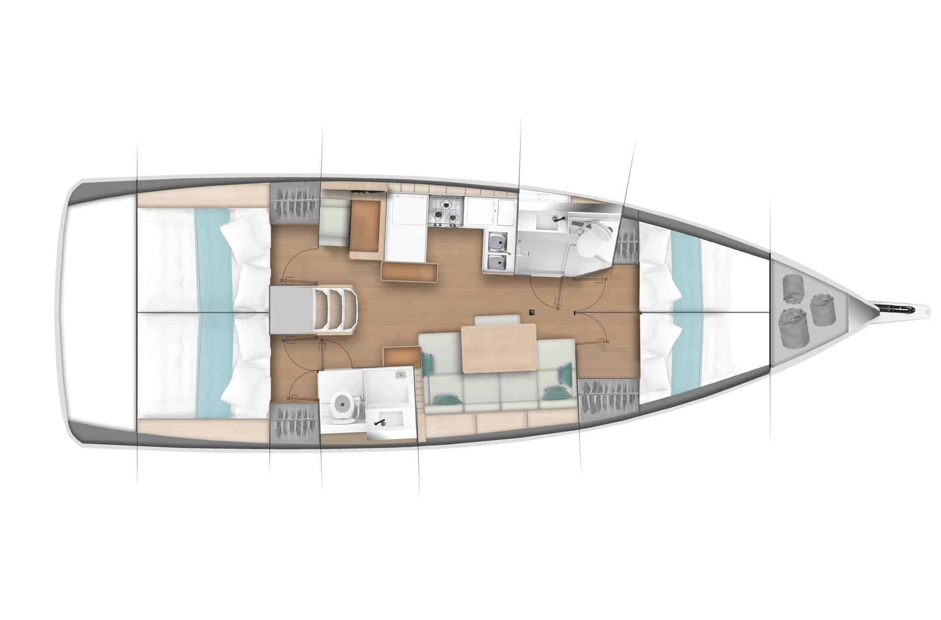 Draufsicht auf den Grundriss einer Segelurlaub-Yacht, die die Aufteilung einschließlich Wohnbereich, Schlafzimmer, Küche und Badezimmer zeigt, alles übersichtlich auf dem schmalen Raum des Bootes angeordnet.