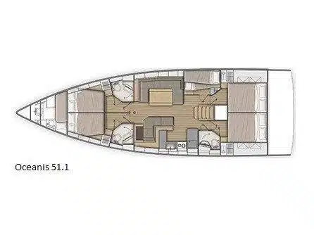 Draufsicht-Layoutdiagramm der Oceanis 51.1 Segelyacht, das mehrere Kabinen, Sitzbereiche, eine Küche und Badezimmer im Rumpf zeigt.