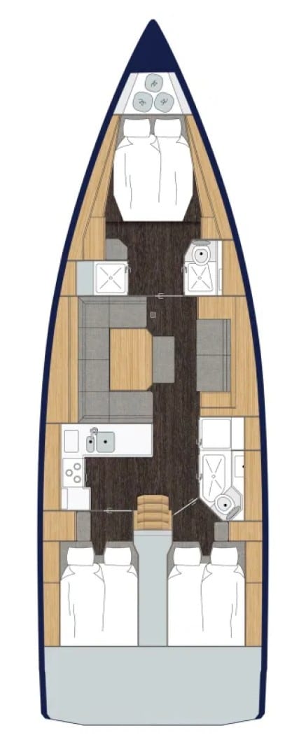 Von oben betrachtetes Layoutdiagramm eines schmalen Bootes, das die Innenaufteilung mit Küche, Sitzbereich, Betten und Badezimmer zeigt, alles in einem stromlinienförmigen, effizienten Design, das für eine Segelyacht geeignet ist.