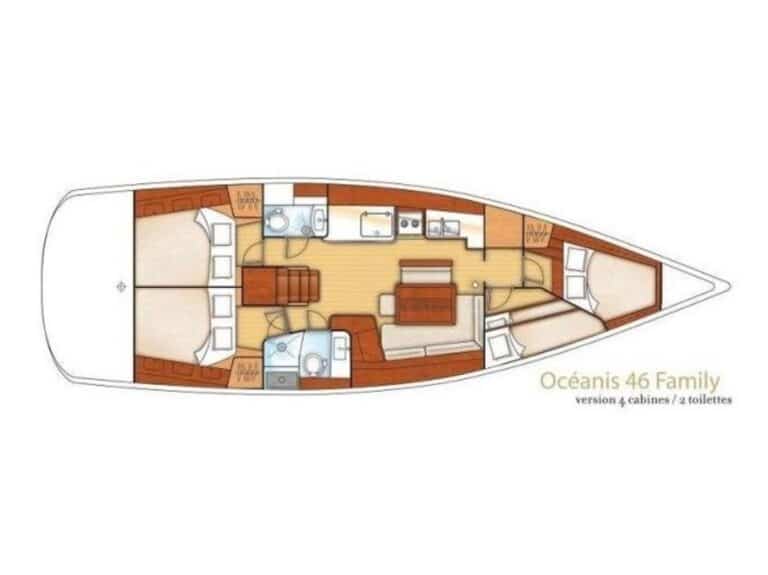Diagramm der Anordnung der Segelyacht Océanis 46 Family, mit vier Kabinen und zwei Toiletten sowie festgelegten Bereichen für die Küche, Sitzplätze und Navigation.