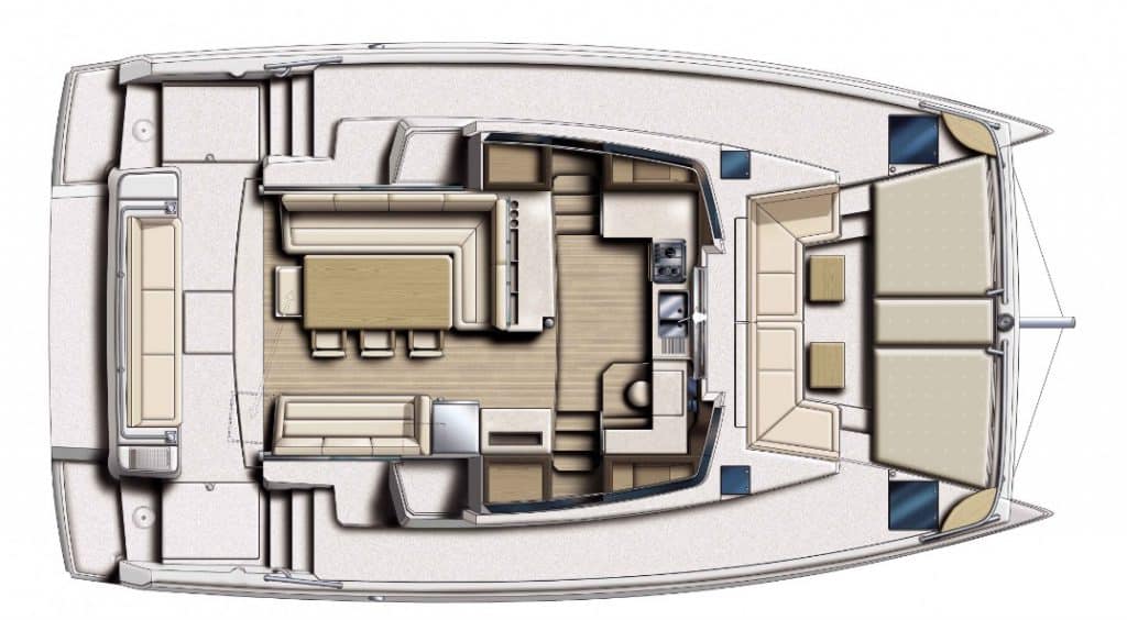 Draufsichtdiagramm eines modernen Segelyacht-Layouts, das verschiedene Bereiche einschließlich Sitzbereichen, Kabinen und Steuerstand zeigt.
