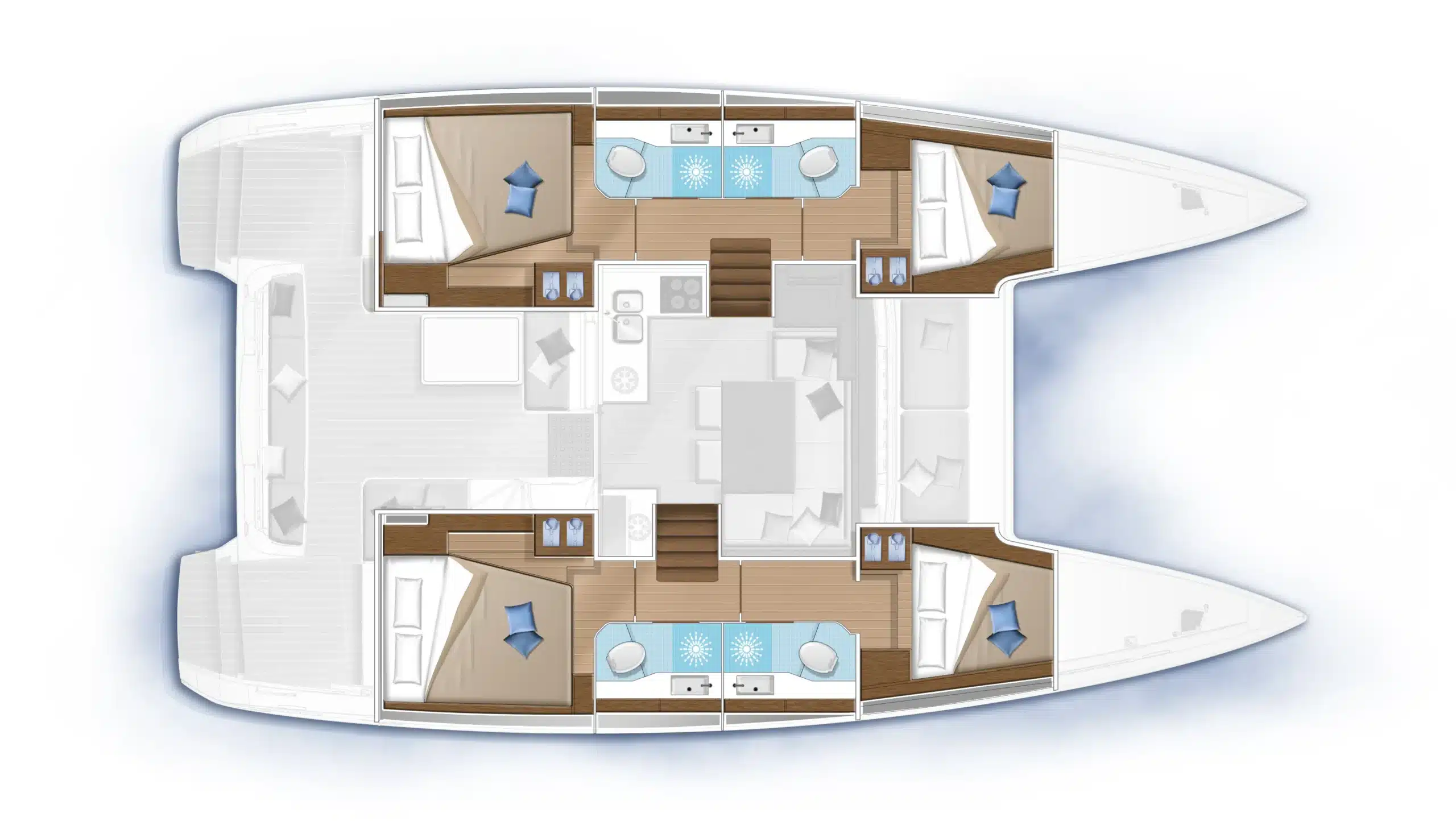3D-Grundriss des Innenraums eines Luxus-Katamarans. Der Plan zeigt die Anordnung der Schlafzimmersuiten, Badezimmer, eines Küchenbereichs und eines gemeinsamen Wohnbereichs von oben.