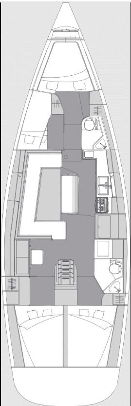 Schematische Draufsicht eines Katamarans mit verschiedenen Bereichen, darunter Schlafräume, Küche, Badezimmer und Sitzbereiche. Das Design ist detailliert und hebt die räumliche Aufteilung im Innenraum hervor.