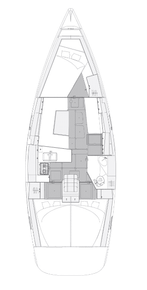 Technische Zeichnung des Grundrisses einer Segelyacht von oben, die die detaillierten Innenräume einschließlich Sitzbereichen, Bedienfeldern und anderen Merkmalen zeigt.