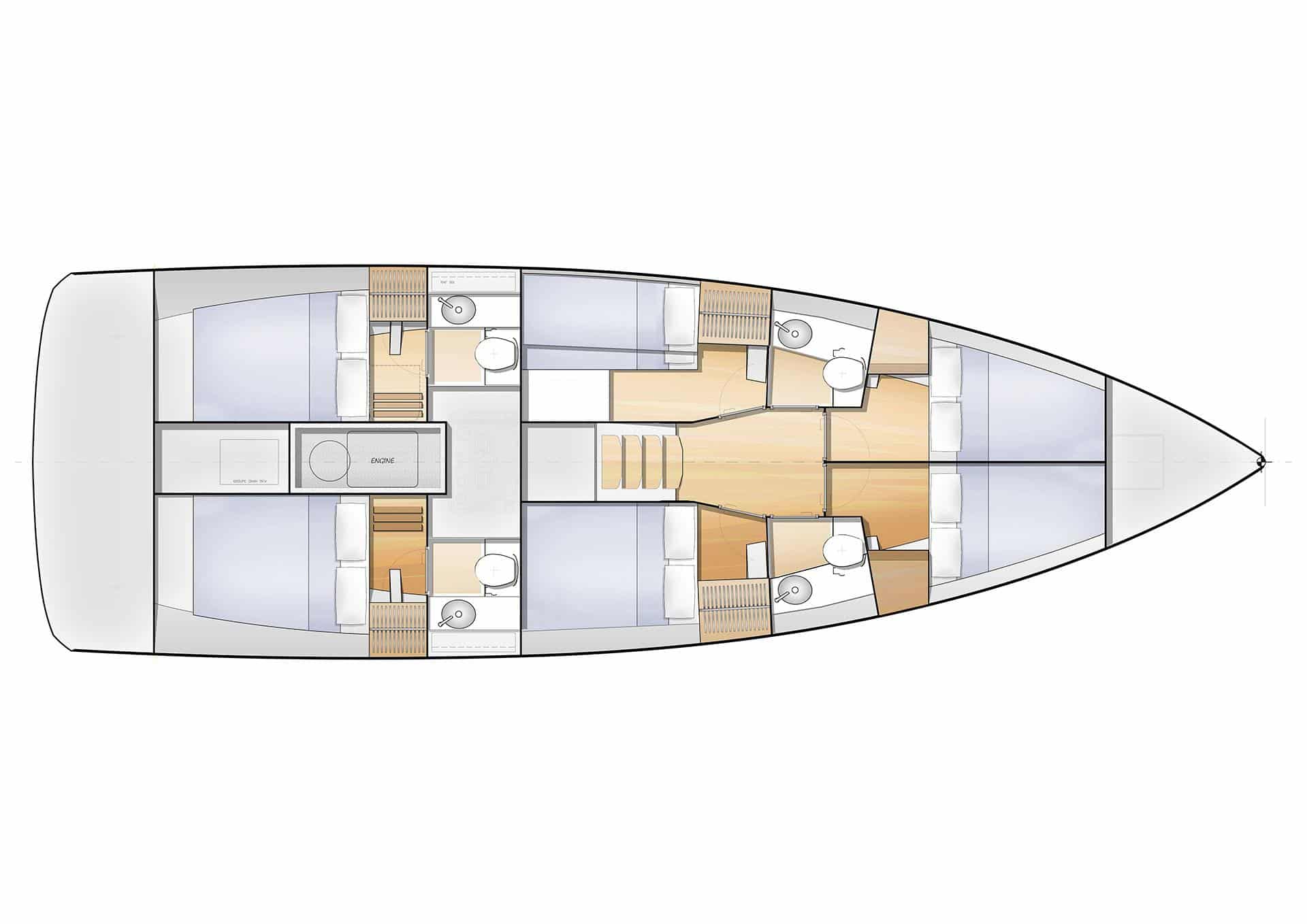 Draufsicht-Layoutdiagramm einer Yacht, das den Aufbau von Kabinen, Badezimmern, einer Küche und Wohnbereichen für einen Segelurlaub zeigt. Verschiedene Abschnitte sind mit Einrichtungsgegenständen wie Betten und Tischen gekennzeichnet.