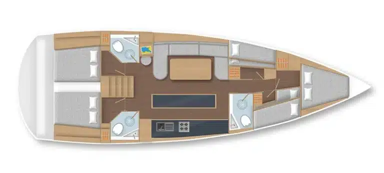 Draufsicht auf den Grundriss eines Katamarans mit Sitzen, Bedienfeldern und anderer Ausrüstung, die gleichmäßig über das Deck verteilt sind.