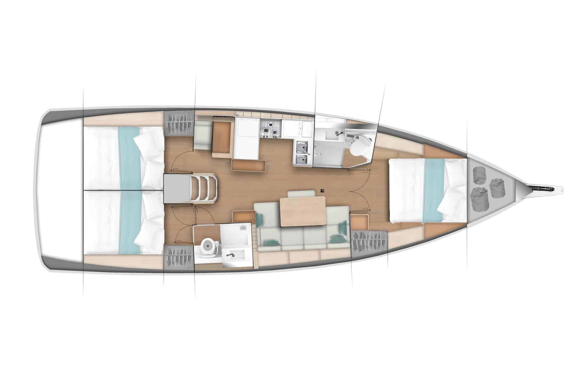 Draufsicht auf die Inneneinrichtung eines Segelboots. Das Design umfasst zwei Schlafkabinen mit jeweils einem Doppelbett am Bug und am Heck. Der mittlere Bereich umfasst eine Küche, einen Essbereich, eine Lounge und ein Badezimmer. Der Raum ist ideal für Yachtcharter und gut organisiert und möbliert.