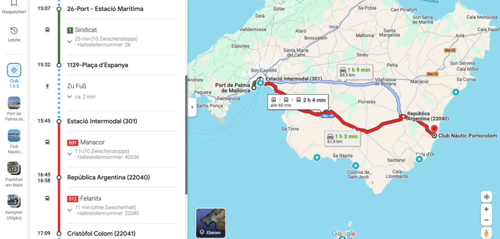Eine Karte von Mallorca, Spanien, wird mit einer hervorgehobenen Route angezeigt. Auf der linken Seite enthält ein FAQ-Abschnitt eine Transitroute mit Haltestellen und Reisezeiten für verschiedene Transportmethoden. Die Wiederholungsschritte umfassen Bus-, Fuß- und Zugrouten, die zum „Club Nàutic Porto Colom“ führen.
