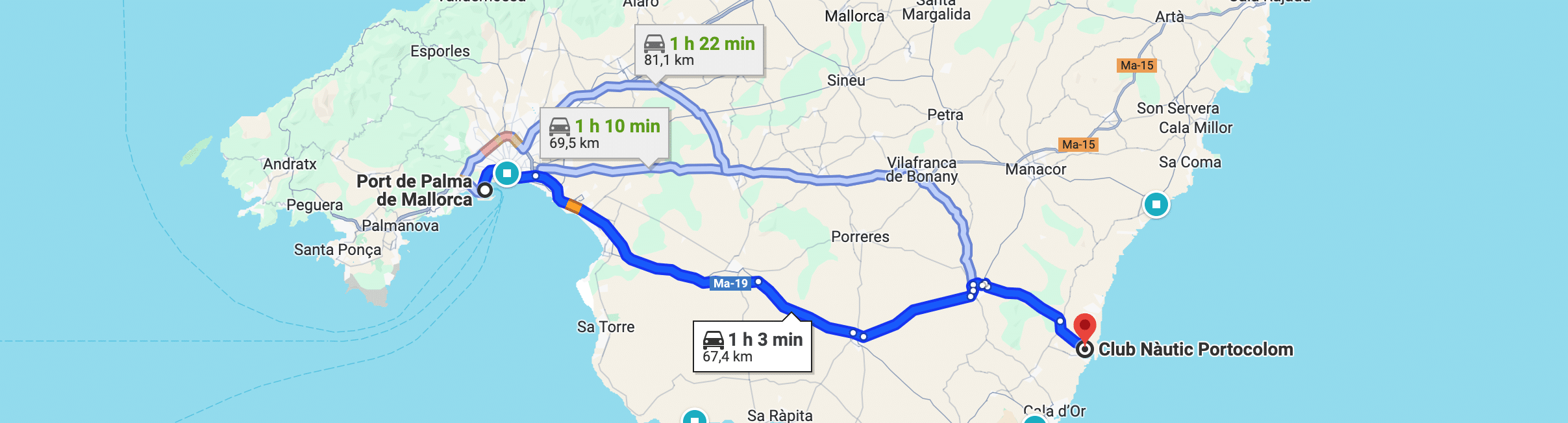 Eine Karte mit drei Routen vom Hafen von Palma de Mallorca zum Club Nàutic Portocolom. Die in diesen FAQ beschriebenen Routen sind zwischen 67,4 km und 85,1 km lang und dauern zwischen 1 Stunde 2 Minuten und 1 Stunde 13 Minuten. Wichtige Autobahnen und Städte sind entlang der Routen markiert.