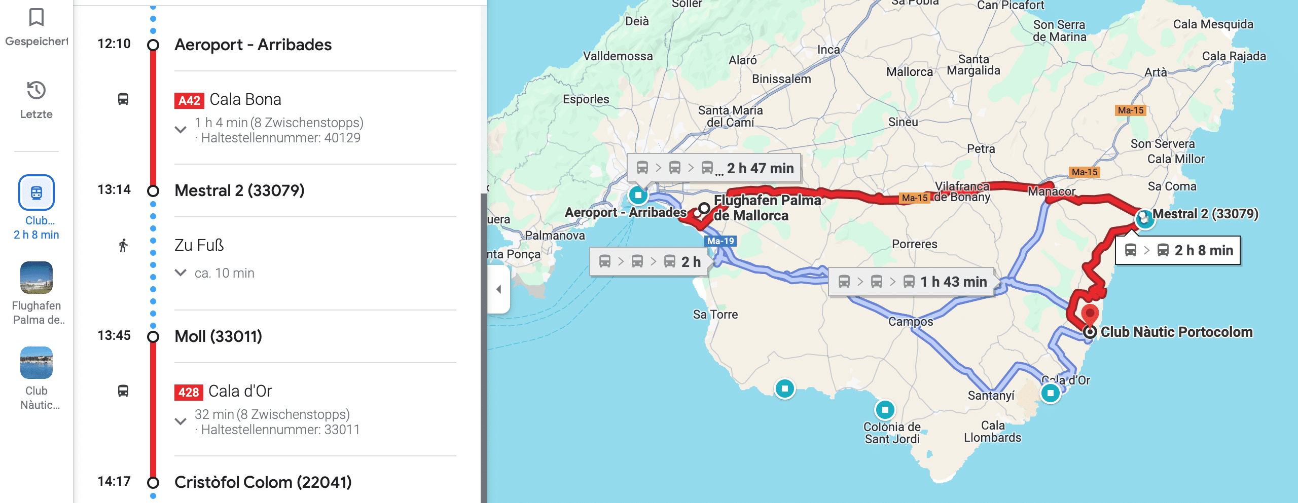 Eine Karte von Mallorca mit einer hervorgehobenen Route vom Aeroport de Son Sant Joan zum Club Nàutic Porto Colom. Die linke Seitenleiste zeigt detaillierte Anweisungen mit Schritten, darunter Cala Bona, Mestral 2, Moll und Cala d'Or. Die geschätzte Reisezeit beträgt etwa 2 Stunden und 4 Minuten. Weitere Hilfe finden Sie im FAQ-Bereich.