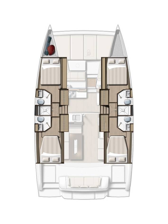 Ein schematischer Grundriss des Youngline Katamarans. Das Bild zeigt die Innenstruktur, darunter vier Kabinen mit jeweils einem Doppelbett und angrenzendem Badezimmer. Es gibt einen zentralen Wohnbereich mit Küche und Sofa. Stufen ermöglichen den Zugang zwischen den verschiedenen Ebenen des Bootes, perfekt für Ihren nächsten Segeltörn.
