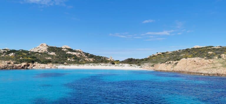 Klares, blaues Meerwasser kontrastiert mit einer felsigen Küste unter einem strahlend blauen Himmel. Das Ufer verfügt über einen kleinen Sandstrand, eingebettet zwischen felsigen Hügeln, die mit grünem Laub geschmückt sind und eine malerische und ruhige Küstenlandschaft schaffen, die perfekt für einen Segelurlaub auf Sardinien ist.