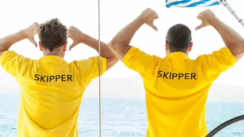 Zwei Skipper mit SKIPPER-Shirts und griechischer Flagge auf Segelboot – skippertraining kroatien sailwithus