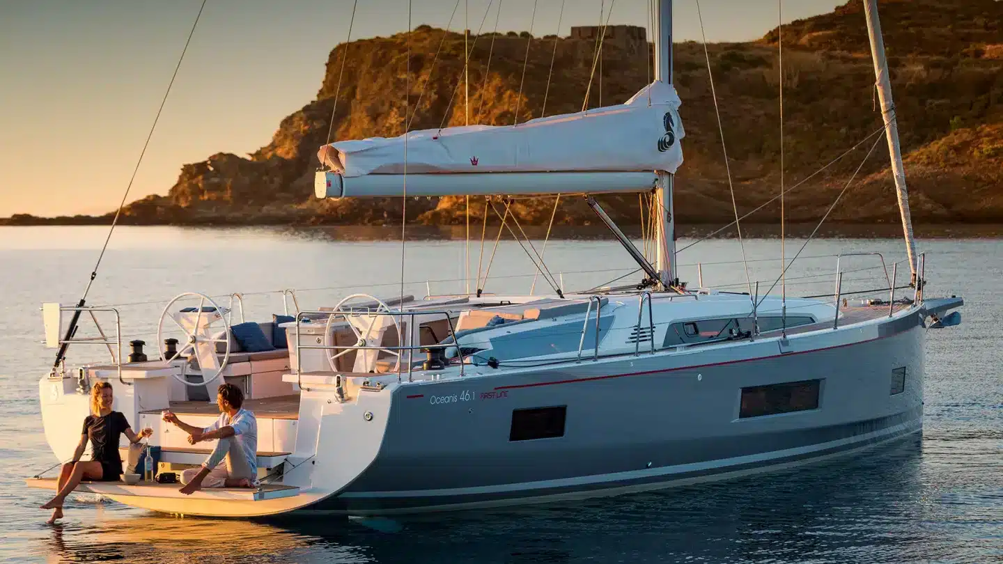 A sailing yacht sailing comfortably with reefed sails in a fresh breeze