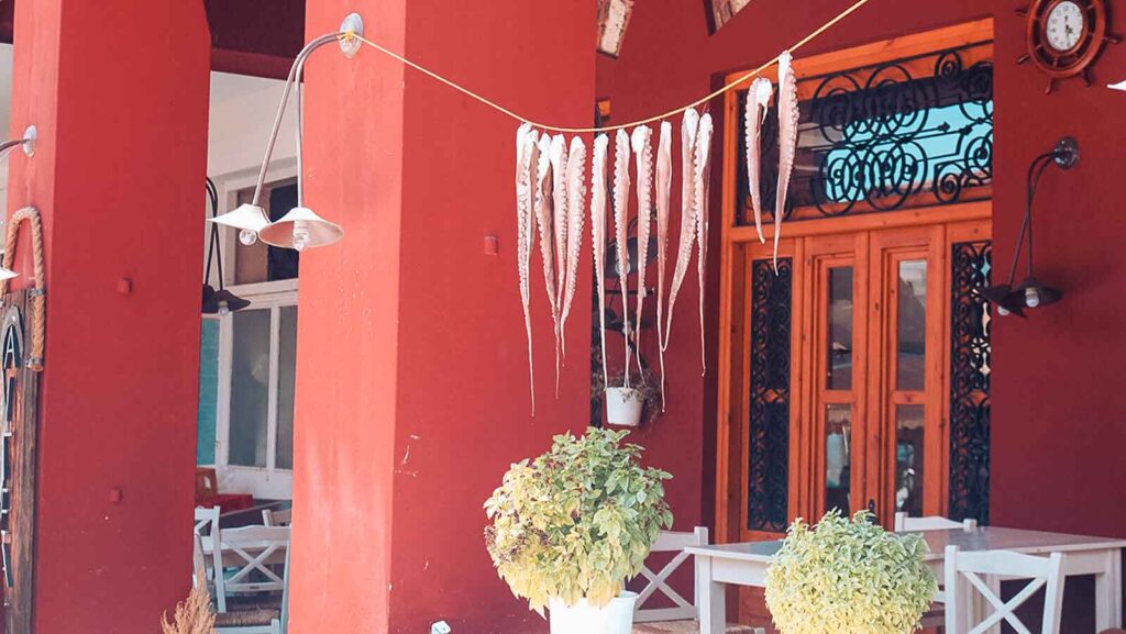 Eine leuchtend rote Fassade eines Cafés mit weißen Tischen und Stühlen davor. Tintenfischtentakeln hängen auf einer Leine zum Trocknen im Sonnenlicht, neben grünen Topfpflanzen, und wecken Erinnerungen an eine